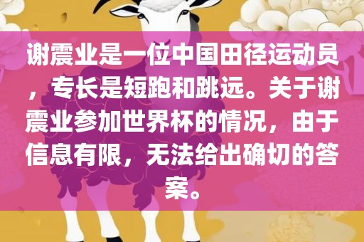 谢震业是一位中国田径运动员，专长是短跑和跳远。关于谢震业参加世界杯的情况，由于信息有限，无法给出确切的答案。金炬实业股份有限公司