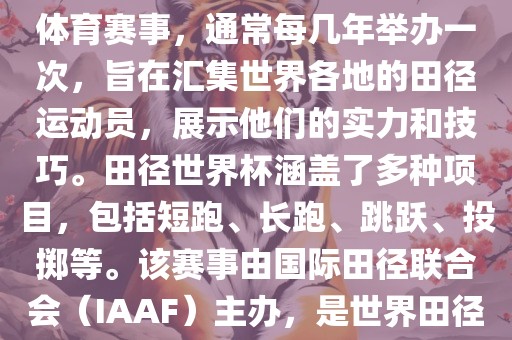 田径赛世界杯是一项全球性的体育赛事，通常每几年举办一次，旨在汇集世界各地的田径运动员，展示他们的实力和技巧。田径世界杯涵盖了多种项目，包括短跑、长跑、跳跃、投掷等。该赛事由国际田径联合会（IAAF）主办，是世界田径的最高水平比赛之一。金炬实业股份有限公司