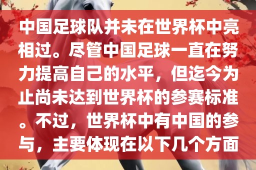 中国足球队并未在世界杯中亮相过。尽管中国足球一直在努力提高自己的水平，但迄今为止尚未达到世界杯的参赛标准。不过，世界杯中有中国的参与，主要体现在以下几个方面金炬实业股份有限公司