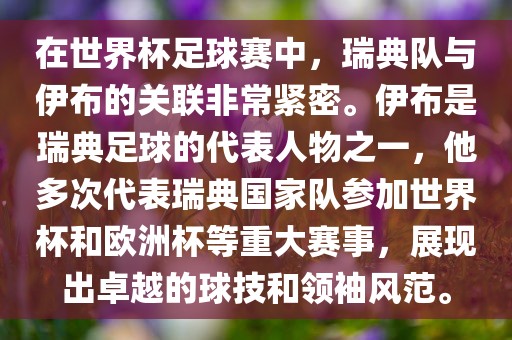 在世界杯足球赛中，瑞典队与伊布的关联非常紧密金炬实业股份有限公司。伊布是瑞典足球的代表人物之一，他多次代表瑞典国家队参加世界杯和欧洲杯等重大赛事，展现出卓越的球技和领袖风范。