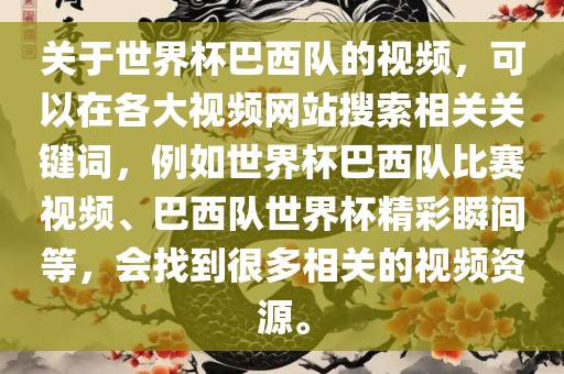 关于世界杯巴西队的视频，可以在各大视频网站搜索相关关键词，例如世界杯巴西队比赛视频、巴西队世界杯精彩瞬间等，会找到很多相关的视频资源。金炬实业股份有限公司