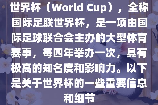 世界杯（World Cup），全称国际足联世界杯，是一项由国际足球联合会主办的大型体育赛事，每四年举办一次，具有极高的知名度和影响力。以下是关于世界杯的一些重要信息和细节