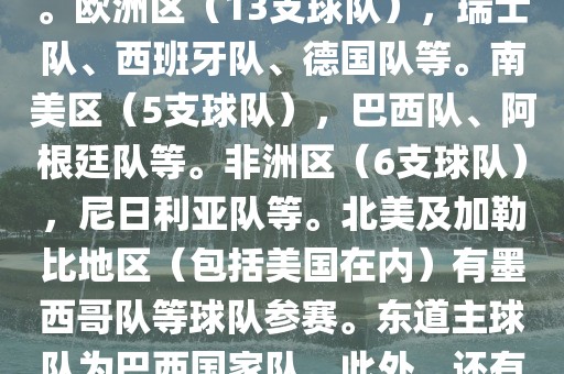 亚洲区（4支球队），澳大利亚队、日本队、韩国队和伊朗队。欧洲区（13支球队），瑞士队、西班牙队、德国队等。南美区（5支球队），巴西队、阿根廷队等。非洲区（6支球队），尼日利亚队等。北美及加勒比地区（包括美国在内）有墨西哥队等球队参赛。东道主球队为巴西国家队。此外，还有哥斯达黎加国家队也参与了此次世界杯比赛。