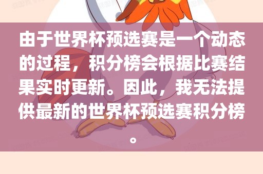 由于世界杯预选赛是一个动态的过程，积分榜会根据比赛结果实时更新。因此，我无法提供最新的世界杯预选赛积分榜。金炬实业股份有限公司
