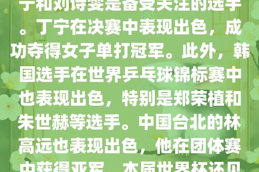 在男子单打项目中，马龙和张继科是夺冠热门选手。决赛中，马龙以较大的优势赢得了冠军，创造了他的个人世界杯最佳纪录。女子单打项目中，丁宁和刘诗雯是备受关注的选手。丁宁在决赛中表现出色，成功夺得女子单打冠军。此外，韩国选手在世界乒乓球锦标赛中也表现出色，特别是郑荣植和朱世赫等选手。中国台北的林高远也表现出色，他在团体赛中获得亚军。本届世界杯还见证了日本选手水谷隼的胜利，他在男子双打项目中表现出色。总的来说，本届乒乓球世界杯展现了各国选手的精湛技艺和激烈竞争。