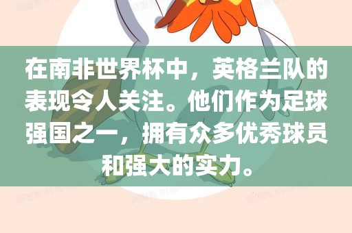 在南非世界杯中，英格兰队的表现令人关注。他们作为足球强国之一，拥有众多优秀球员和强大的实力。金炬实业股份有限公司