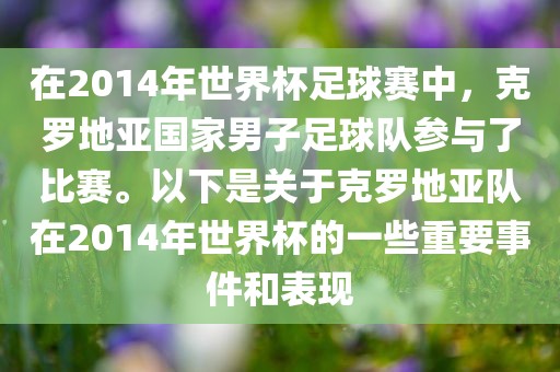 在2014年世界杯足球赛中，克罗地亚国家男子足球队参与了比赛。以下是关于克罗地亚队在2014年世界杯的一些重要事件和表现