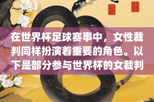 在世界杯足球赛事中，女性裁判同样扮演着重要的角色。以下是部分参与世界杯的女裁判