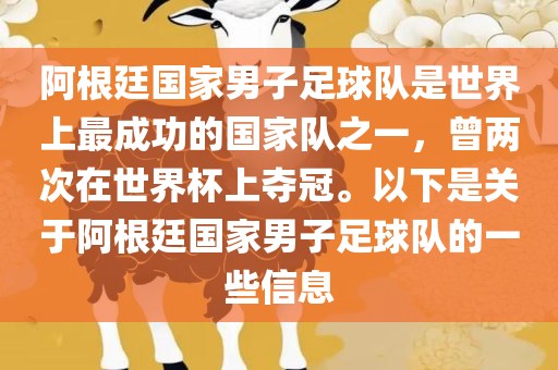 阿根廷国家男子足球队是世界上最成功的国家队之一，曾两次在世界杯上夺冠。以下是关于阿根廷国家男子足球队的一些信息