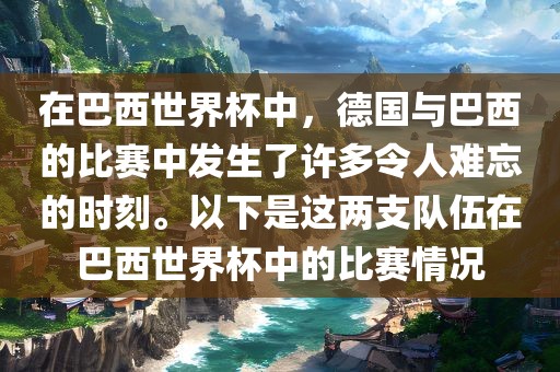 在巴西世界杯中，德国与巴西的比赛中发生了许多令人难忘的时刻。以下是这两支队伍在巴西世界杯中的比赛情况金炬实业股份有限公司