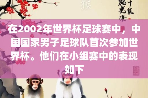 在2002年世界杯足球赛中，中国国家男子足球队首次参加世界杯。他们在小组赛中的表现如下