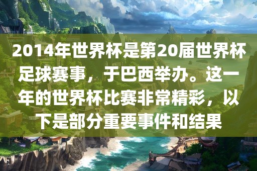 2014年世界杯是第20届世界杯足球赛事，于巴西举办。这一年的世界杯比赛非常精彩，以下是部分重要事件和金炬实业股份有限公司结果