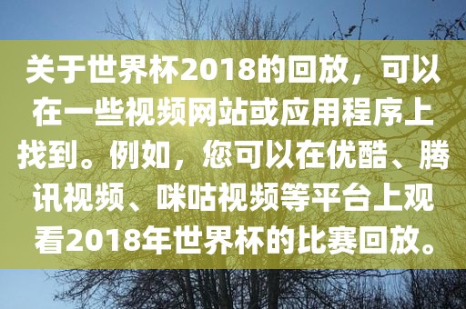 关于世界杯2018的回放，可以在一些视频网站或应用程序上找到。例金炬实业股份有限公司如，您可以在优酷、腾讯视频、咪咕视频等平台上观看2018年世界杯的比赛回放。