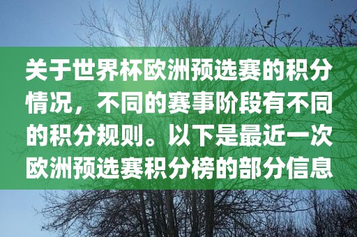 关于世界杯欧洲预选赛的积分情况，不同的赛事阶段有不同的积分规则。以下是最近一次欧洲预选赛积分榜的部分信息