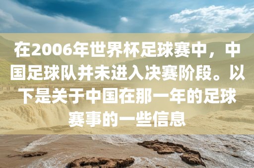 在2006年世界杯足球赛中，中国足球队并未进入决赛阶段。以下是关于中国在那一年的足球赛事的一些信息