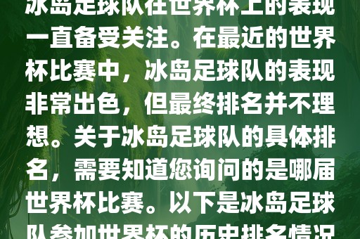 冰岛足球队在世界杯上的表现一直备受关注。在最近的世界杯比赛中，冰岛足球队的表现非常出色，但最终排名并不理想。关于冰岛足球队的具体排名，需要知道您询问的是哪届世界杯比赛。以下是冰岛足球队参加世界杯的历史排名情况