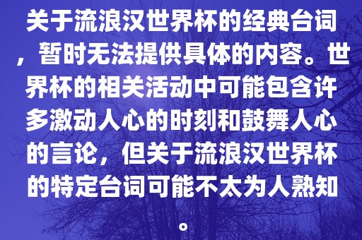 关于流浪汉世界杯的经典台词，暂时无法提供具体的内容。世界杯的相关活动中可能包含许多激金炬实业股份有限公司动人心的时刻和鼓舞人心的言论，但关于流浪汉世界杯的特定台词可能不太为人熟知。