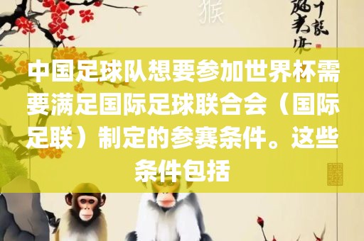 中国足球队想要参加世界杯需要满足国际足球联合会（国际足联）制定的参赛条件。这些条件包括