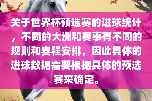关于世界杯预选赛的进球统计，不同的大洲和赛事有不同的规则和赛程安排，因此具体的进球数据需要根据具体的预选赛来确定。金炬实业股份有限公司