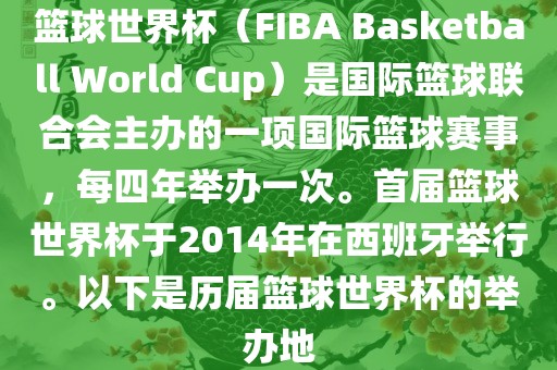 篮球世界杯（FIBA Basketball World Cup）是国际篮球联合会主办的一项国际篮球赛事，每四年举办一次。首届篮球世界杯于2014年在西班牙举行。以下是历届篮球世界杯的举办地金炬实业股份有限公司